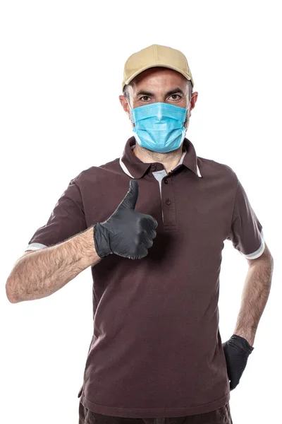 Courier Man Shipping Mask Gloves Pandemic Covid Isolated White — Stock Photo, Image