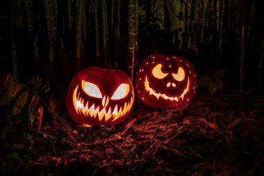 Cadılar bayramı balkabağı fenerlerinin geceleri korkunç bir ifadesi vardır..