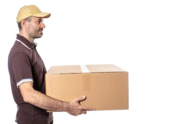 Werknemer Met Pakket Hand Logistiek Scheepvaart Isolato Bianco — Stockfoto
