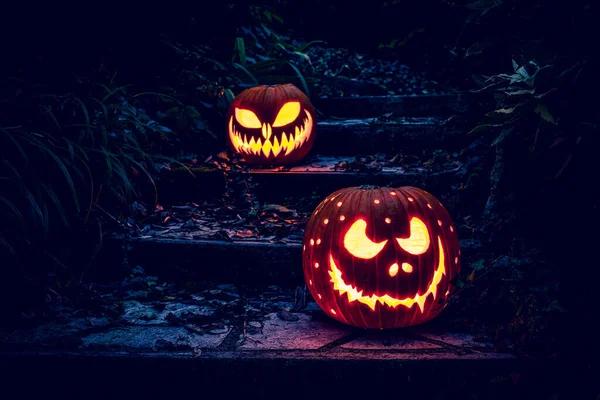 Halloween Pumpkins Lanterns Ladder Night — Stock Photo, Image