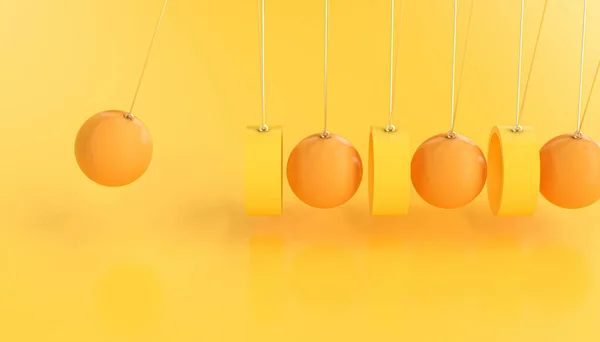 ニュートンの振り子は輪と球でできています 黄色のトーンで抽象的な背景の3Dレンダリング — ストック写真