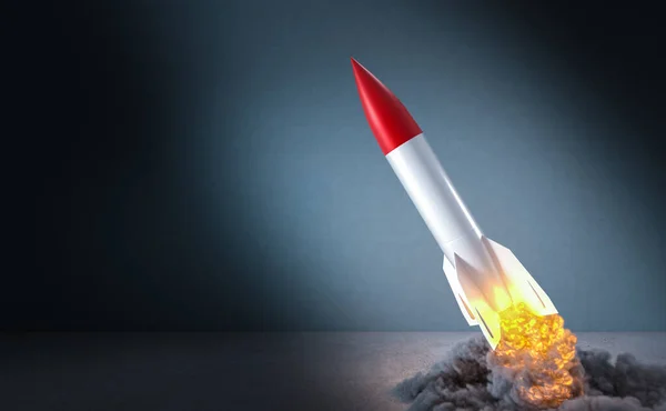 Missilen Börjar Med Lågor Och Rök Återger Bilden Begreppet Framgång — Stockfoto