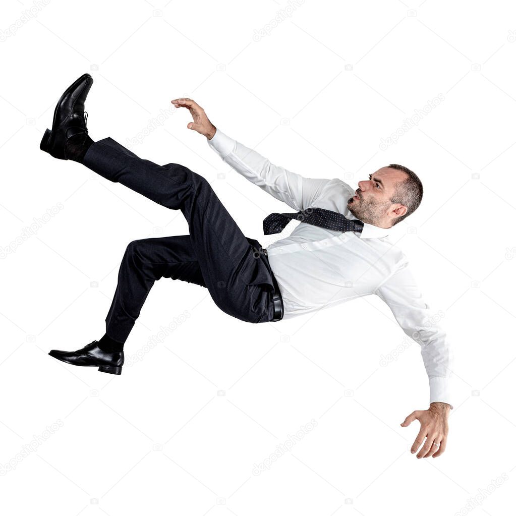 businessman falling down isolated on white.
