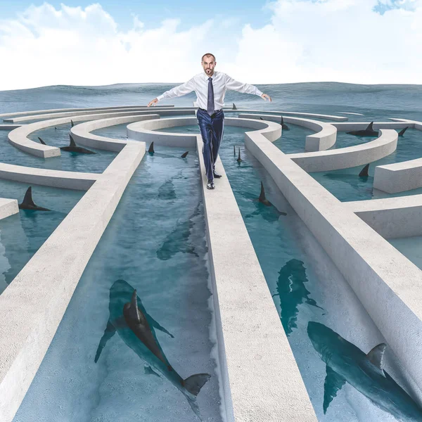 Homem Equilibrar Num Labirinto Mar Cheio Tubarões Conceito Perigo Trabalho — Fotografia de Stock