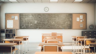 Tahta masaları ve sandalyeleri olan bir sınıfın içi, seçici odak, 3 boyutlu görüntüleme.