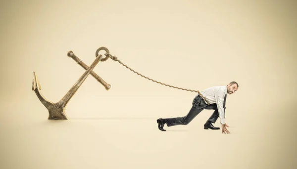Businessman Starting Position Tied Big Anchor Fixed Ground — Stock Photo, Image