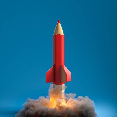 Duman ve alevlerle dolu bir roket şeklinde kalem. Yaratıcılık ve başlangıç konsepti. 3d hazırlayıcı.