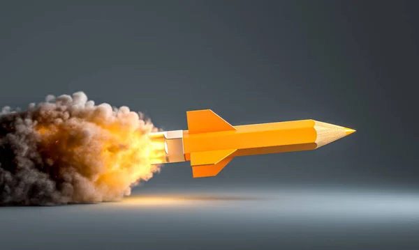 Pencil Rocket Smoke Flames Takes Flight Concept Creativity Brainstorming — Stock Photo, Image