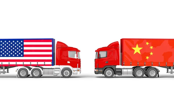 trucks with usa and chinese flag facing each other. concept of import and export. 3d render.