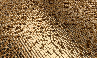 Geometrik mozaik küpler arka plan altın rengini şekillendirir. 3d hazırlayıcı.