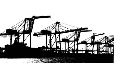 Silhouette of large cranes used for loading containers on to ships clipart
