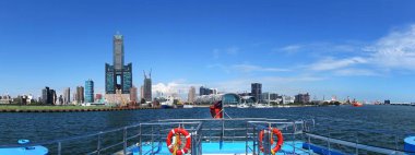 The skyline of Kaohsiung City in Taiwan seen from the harbor clipart