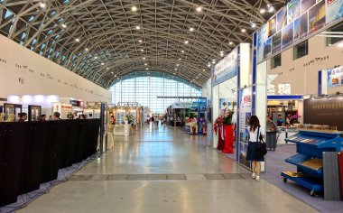 Kaohsiung, Tayvan--13 Eylül 2018: 2018 yapı malzeme Expo Kaohsiung Sergi Merkezi görünümü