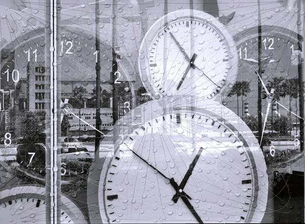 Large Clocks Reflecting Shop Window Illustrate Concept Time — Stock Photo, Image
