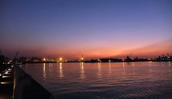 Hermosa Vista Del Puerto Kaohsiung Justo Después Del Atardecer — Foto de Stock