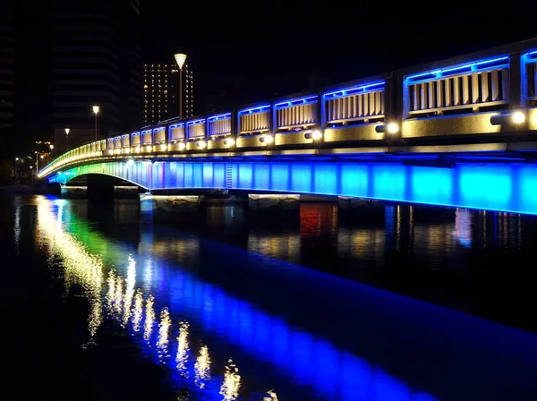 Večerní Pohled Řeka Lásky Jedním Jeho Osvětlené Mosty — Stock fotografie