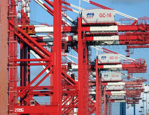 Kaohsiung Taiwan Junio 2019 Una Fila Grúas Portacontenedores Rojas Blancas — Foto de Stock