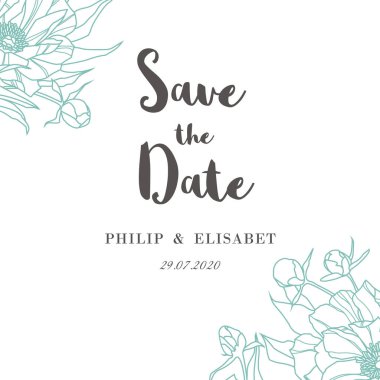 Tarih ile peonies edersiniz. Vintage düğün kartı vektör çizim