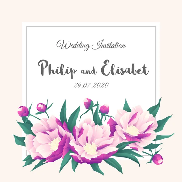 Plantilla Invitación Boda Vintage Con Peonías Ilustración Vectorial — Archivo Imágenes Vectoriales