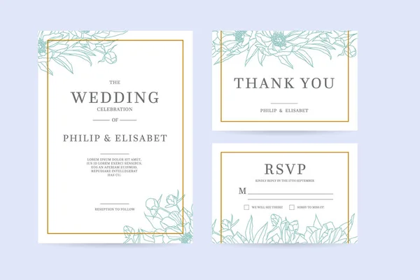 Set Vintage Wedding Invitation Template Peonies Vector Illustration — Stock Vector