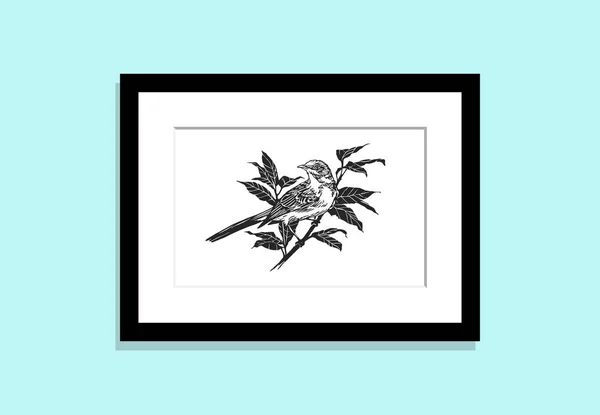 Frame Wall Com Picture Bird Branch Gravura Estilo Linocut Ilustração — Vetor de Stock