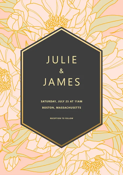 Vintage Wedding Invite Template Floral Background Flowers Peons Gold Decorated — Stock Vector