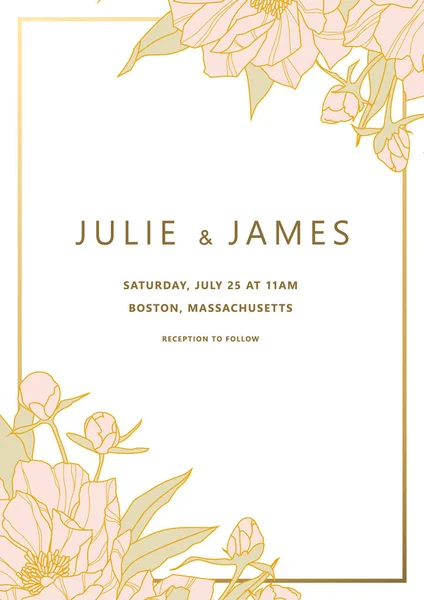 Vintage Wedding Invite Template Floral Background Flowers Peons Gold Decorated — Stock Vector