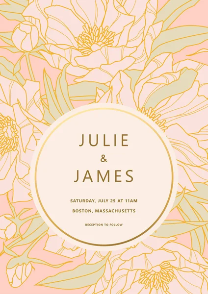 Vintage Wedding Invite Template Floral Background Flowers Peons Gold Decorated — Stock Vector