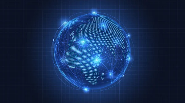 全球网络连接的商业概念 世界地图在点 抽象链接和明亮的闪光在深蓝色背景 商业技术演示的优雅背景 矢量插图 — 图库矢量图片