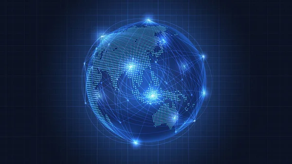 全球网络连接的商业概念 世界地图在点 抽象链接和明亮的闪光在深蓝色背景 商业技术演示的优雅背景 矢量插图 — 图库矢量图片