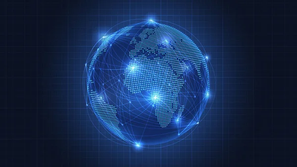 글로벌 네트워크 연결의 비즈니스 개념입니다 지도에서 파란색 배경에 섬광을 추상화 — 스톡 벡터