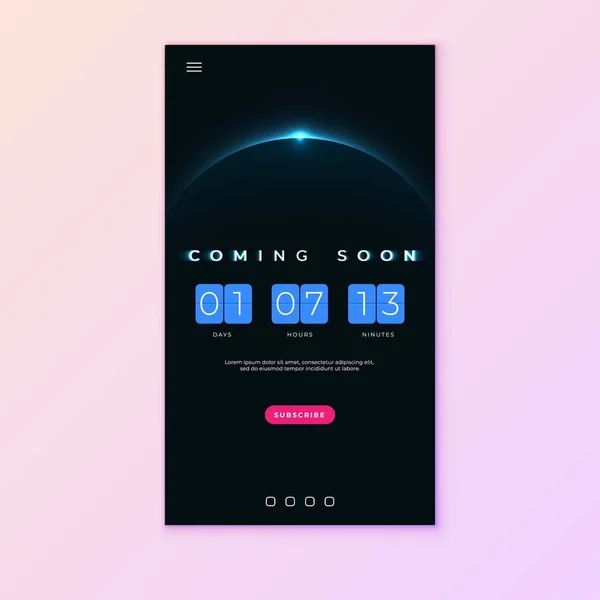 Kommer snart text på abstrakt soluppgång mörk bakgrund med Flip Countdown Clock Counter timer — Stock vektor