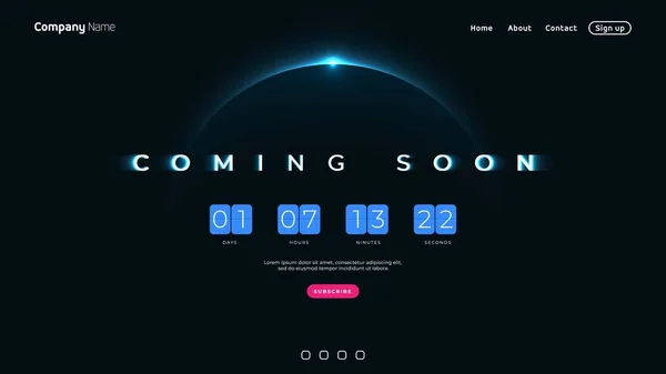 Kommer snart text på abstrakt soluppgång mörk bakgrund med Flip Countdown Clock Counter timer — Stock vektor