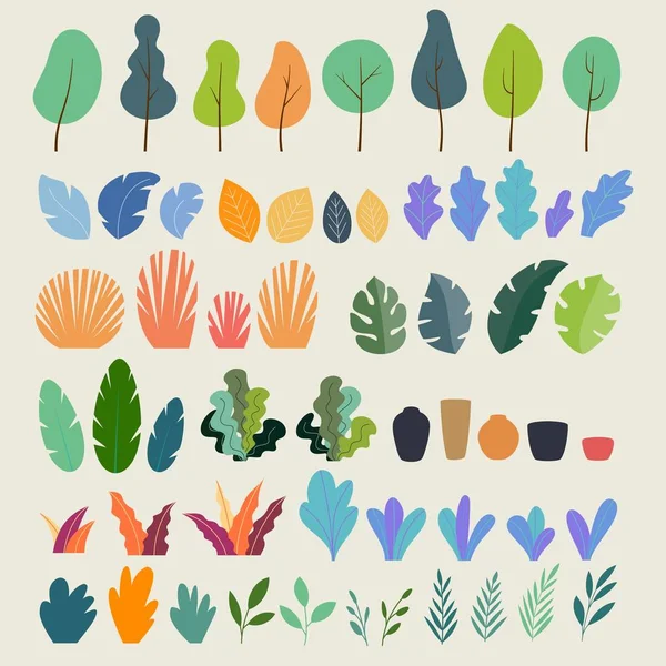 Vectorset platte illustraties van planten, bomen, bladeren, takken, struiken en potten — Stockvector