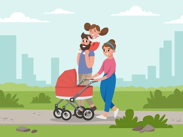 Roztomilá mladá rodina na procházku. Máma, táta, Dcera a dítě v kočárku — Stockový vektor