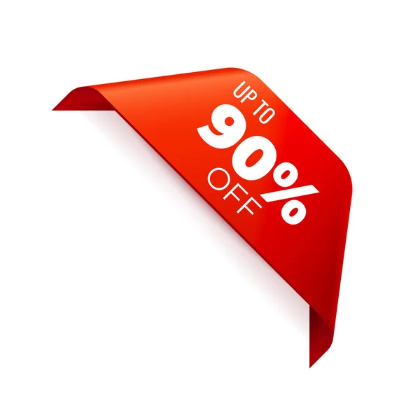 Nastro rosso per banner vettoriale su sfondo bianco, nastro ad angolo, fino al 90% di sconto — Vettoriale Stock