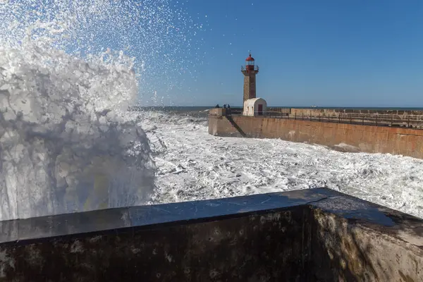 Atlantic Wave Breaking Mole Porto Portugal — Stock Photo, Image