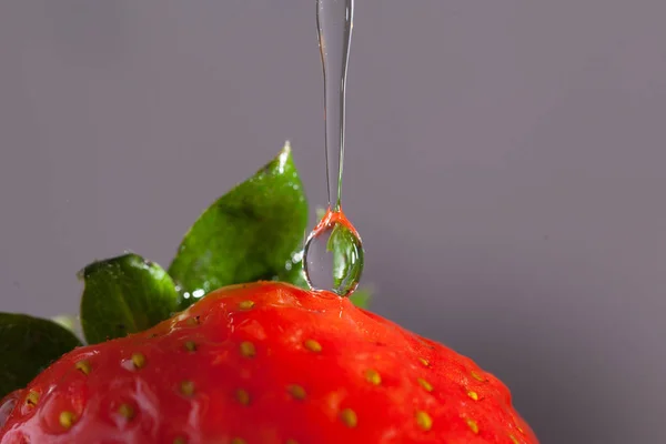 Morango Gotas Água Gotejamento — Fotografia de Stock