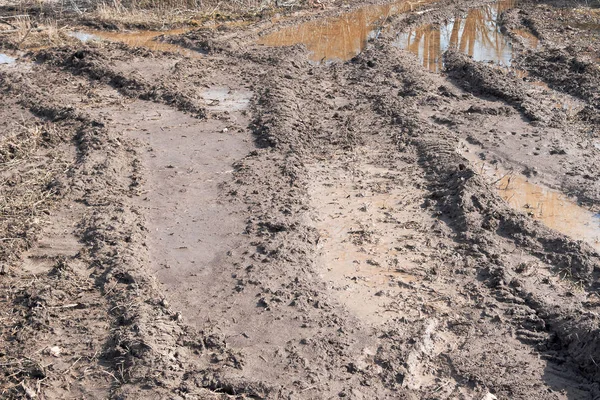 Tractor Tracks Mud Clay Field Spring — Stock Photo, Image