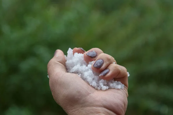 Imagem Cortada Grãos Granizo Mão — Fotografia de Stock