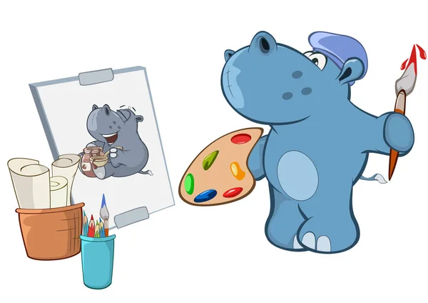 Desenhos Animados Hipopótamo Artista Boina Com Escova Paleta Cores — Vetor de Stock