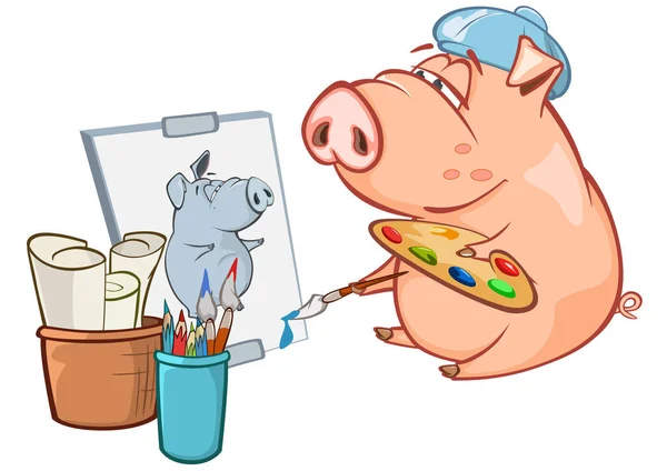 Cartoon Pig Artist Beret Brush Palette Colors — Stock Vector