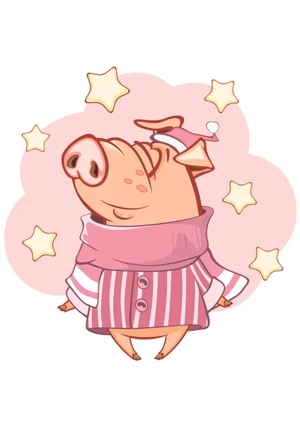 Dessin Animé Cochon Pyjama Étoiles Sur Fond Rose — Image vectorielle