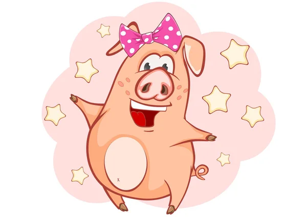 Cartoon Pig Con Fiocco Sulla Testa Stelle Sfondo Rosa — Vettoriale Stock