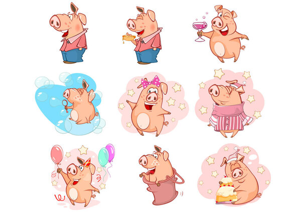 set of Cartoon Pigs on white background, seamless pattern