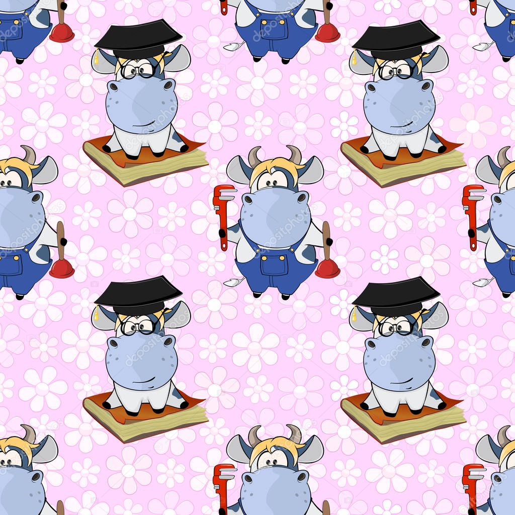 Cartoon cows workers and students in pink floral background