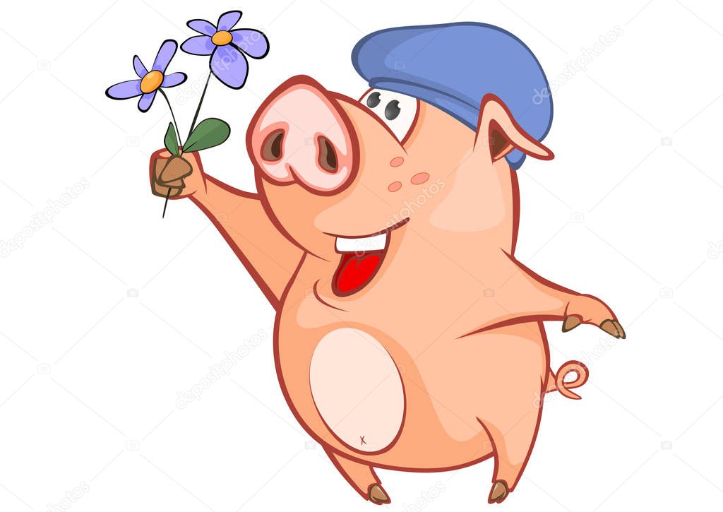 Cartoon Pig in beret with bouquet of purple flowers