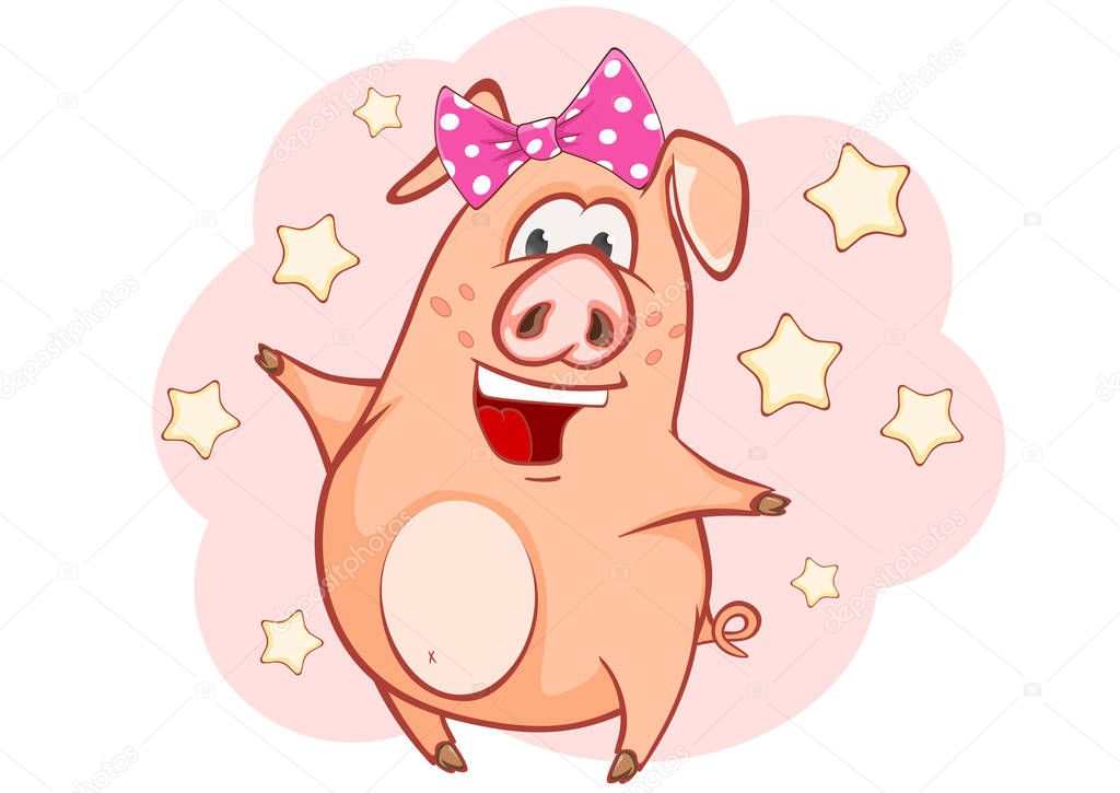 Cartoon Pig with bow on head and stars on pink background