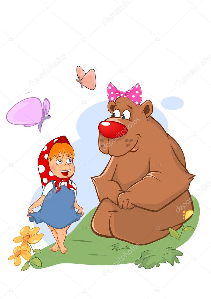 Illustration of the Little Girl and the Big Bear. Cartoon