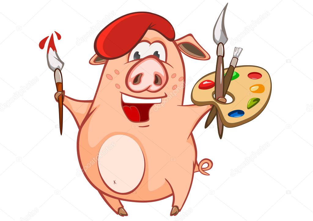 Illustration of a Cute Pig artist. Cartoon Character 